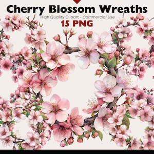 Cherry Blossom Clipart Bundle Spring Flowers Digital Download PNG Sakura Wreath Graphics Commercial Use Watercolor Papercrafts Scrapbooking