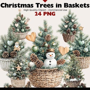 Albero di Natale Boho in cestino Clipart Bundle Acquerello Pino invernale PNG Decorazioni per le feste Grafica Pigne di Natale Elementi ad acquerello