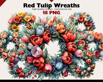 Rote Tulpen Kranz Clipart Bundle, Tulpenstrauß PNG, Frühlingsblumen Aquarell, Blumenarrangement, Gelb Osterkranz Blumenstrauß Grafiken