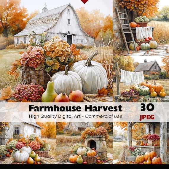 JPEG Watercolor Farmhouse Harvest Clipart, Printable JPG Autumn Landscape Graphics Digital Download Art Paper Crafts Junk Journal Scrapbook