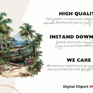May include: A digital illustration of a weathered wooden boat partially submerged on a sandy beach. Lush tropical plants and palm trees surround the boat. The image has text that reads "HIGH QUALITY", "INSTAND DOWNLOAD", "WE CARE", and "Digital Clipart HQ".