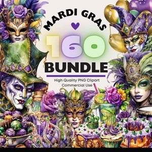 Bundle de cliparts Mardi Gras, aquarelle carnaval PNG Illustrations, célébration de la Nouvelle-Orléans PNG Mardi Gras perles téléchargement numérique Fleur de lys