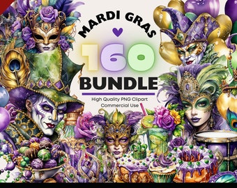 Mardi Gras Clipart Bundle, Watercolor Carnival PNG Illustrations, New Orleans Celebration PNG Mardi Gras Beads Digital Download Fleur-de-lis