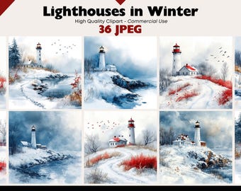 36 Winter Lighthouse Scenery JPEG Graphics Commercial Use Ocean View Digital Download Watercolor Paper Crafts Junk Journal Scrapbooking