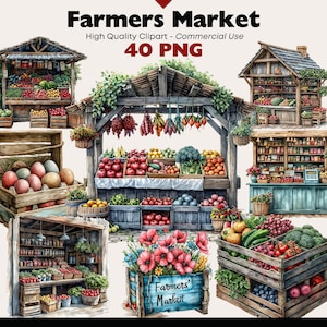 Paquete de imágenes prediseñadas del mercado de agricultores, acuarela del mercado de primavera, granja imprimible, productos frescos PNG, descarga digital del puesto del mercado de frutas, granja PNG