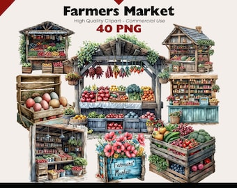 Farmers Market Clipart Bundle, Spring Market Watercolor, Farm Printable, Fresh Produce PNG, Fruit Market Stall Digital Download, Farm PNG