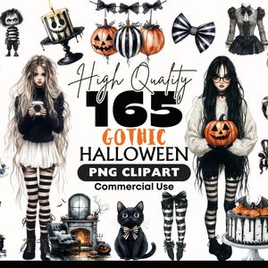 May include: A collection of 165 Gothic Halloween PNG clipart images. The images include illustrations of pumpkins, dolls, desserts, and gothic-style figures. The text on the image says "High Quality 165 Gothic Halloween PNG Clipart Commercial Use."