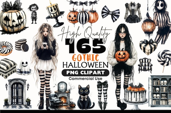 165 Gothic Halloween PNG Clipart, Dark Spooky Aesthetic Graphics, Black White Orange Halloween Decor, Gothic Pumpkins, Witch Party Stickers