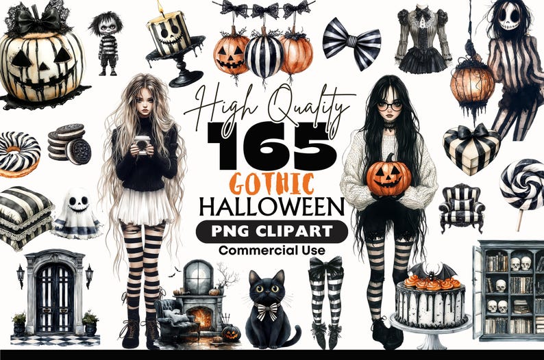 May include: A collection of 165 Gothic Halloween PNG clipart images. The images include illustrations of pumpkins, dolls, desserts, and gothic-style figures. The text on the image says "High Quality 165 Gothic Halloween PNG Clipart Commercial Use."