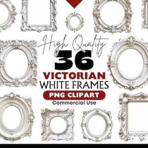 Bundle de cliparts cadre blanc victorien, cadre vintage aquarelle, cadre vide blanc PNG, téléchargement numérique éphémère, créations en papier, scrapbooking