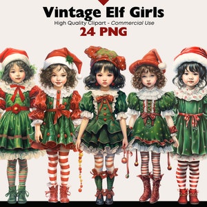 Christmas Elf Girls Clip Art Bundle, Santa's Little Helper PNG, Vintage Christmas Girls PNG, Cute Elf PNG, Vintage Elf Girl, Christmas Image