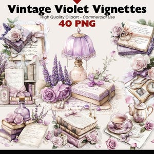 Vintage Violet Vignettes PNG Clipart Commercial Use Shabby Chic Graphics Digital Download Watercolor Paper Crafts Junk Journal Scrapbooking