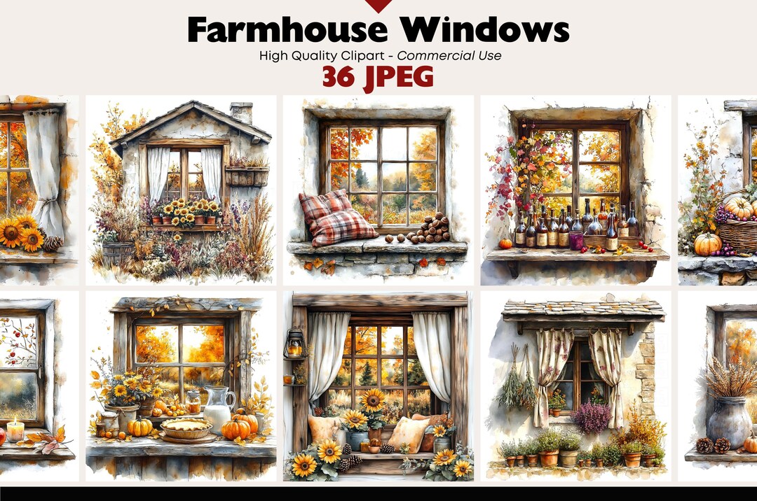 Rustic Spring Window Scenes Farmhouse Windows Clipart Rustic Cottage JPEG Cozy Autumn Porch Scenes ...