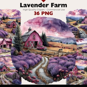 Pacchetto di clipart di campi di lavanda, PNG di fattoria ad acquerello, stampabile di paesaggi fantasy, download digitale di lavanda provenzale, PNG di bellissimo ranch