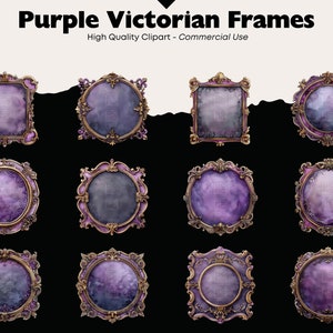 Puede incluir: Doce marcos victorianos morados con detalles dorados. Los marcos son de diferentes formas y tama&ntilde;os, y tienen un aspecto vintage. Son perfectos para a&ntilde;adir un toque de elegancia a cualquier proyecto.