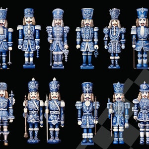 May include: A set of 14 blue and white porcelain nutcracker figurines. The nutcrackers are all dressed in different styles of military uniforms and have intricate details. They are arranged in two rows on a black and white checkered background.