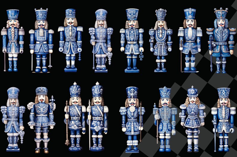 May include: A set of 14 blue and white porcelain nutcracker figurines. The nutcrackers are all dressed in different styles of military uniforms and have intricate details. They are arranged in two rows on a black and white checkered background.