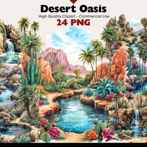 Fantasy Desert Oasis Clipart Bundle, Ilustracje akwarelowe krajobrazu natury, Wodospad do druku, Staw PNG do pobrania cyfrowego, Rękodzieło papierowe