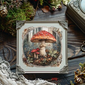 May include: A framed watercolor painting of a red and white mushroom with white spots in a forest setting. The mushroom is surrounded by green foliage and other smaller mushrooms. The frame is silver with ornate details.