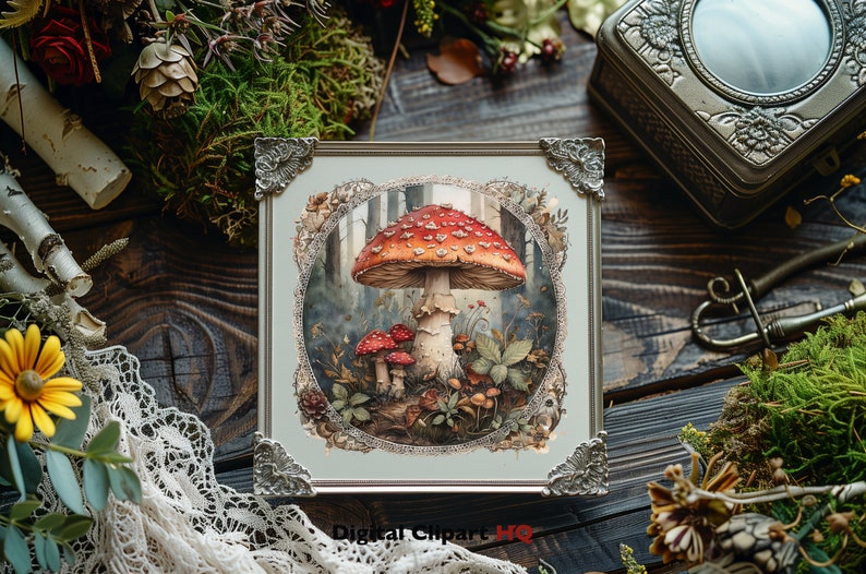 May include: A framed watercolor painting of a red and white mushroom with white spots in a forest setting. The mushroom is surrounded by green foliage and other smaller mushrooms. The frame is silver with ornate details.