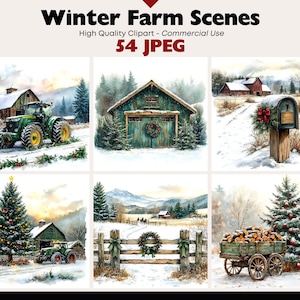 May include: Watercolor illustrations of winter farm scenes. The images include a green tractor, a barn, a mailbox with a wreath, a Christmas tree, and a cart filled with logs, all set in a snowy landscape. The text at the top reads "Winter Farm Scenes".