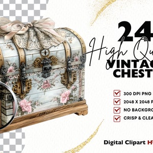 May include: A set of 24 high-quality vintage chest digital clipart images. Each image is 2048 x 2048 pixels, 300 DPI, and has no background. The chests are painted in a light blue and white color scheme with floral designs and gold accents.