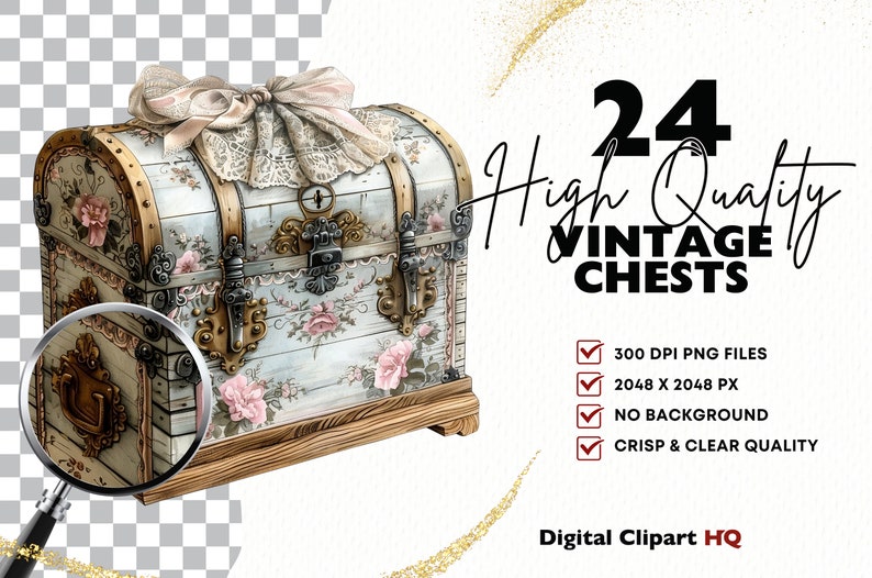May include: A set of 24 high-quality vintage chest digital clipart images. Each image is 2048 x 2048 pixels, 300 DPI, and has no background. The chests are painted in a light blue and white color scheme with floral designs and gold accents.