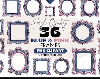 Blue and Pink Victorian Frame Clipart Bundle Vintage Empty Borders Decorative Scrollwork Digital Download Ephemera Paper Crafts Scrapbooking