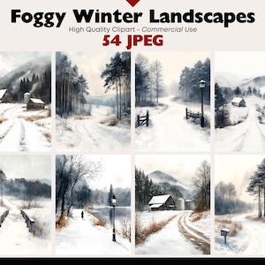 May include: A series of watercolour paintings showing misty winter scenes. Each image features snow-covered roads, trees, and buildings. The text "Foggy Winter Landscapes" and "54 JPEG" are displayed at the top.