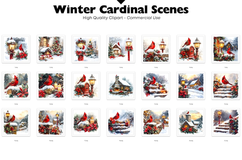 Winter Cardinal Scenes Clipart, 42 JPEG Christmas Lantern Red Bird ...