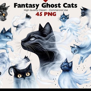 45 Fantasy Ghost Cats Clipart Flying Cat PNG Transparent Background Watercolor Spooky Halloween Digital Download Paper Crafts Scrapbooking