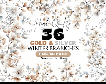 May include: 36 high quality gold and silver winter branches PNG clipart for commercial use. The image features delicate branches with white flowers and leaves, some with gold and silver accents.