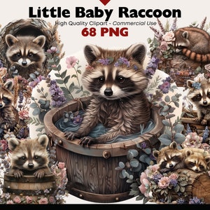 Bundle de cliparts petit bébé raton laveur, animal mignon Png, graphiques aquarelle de raton laveur, téléchargement numérique, mignon forêt imprimable, créations en papier