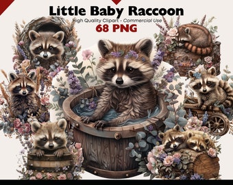 Paquete de imágenes prediseñadas de mapache bebé, png de animales lindos, gráficos de mapache de acuarela, descarga digital, bosque lindo imprimible, artesanías de papel