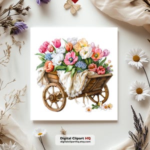 May include: Watercolor illustration of a wooden wheelbarrow overflowing with colorful tulips, peonies, and other flowers. A cream-colored cloth with lace trim drapes over the wheelbarrow. The image includes the text "Digital Clipart HQ digitalcliparthq.etsy.com".