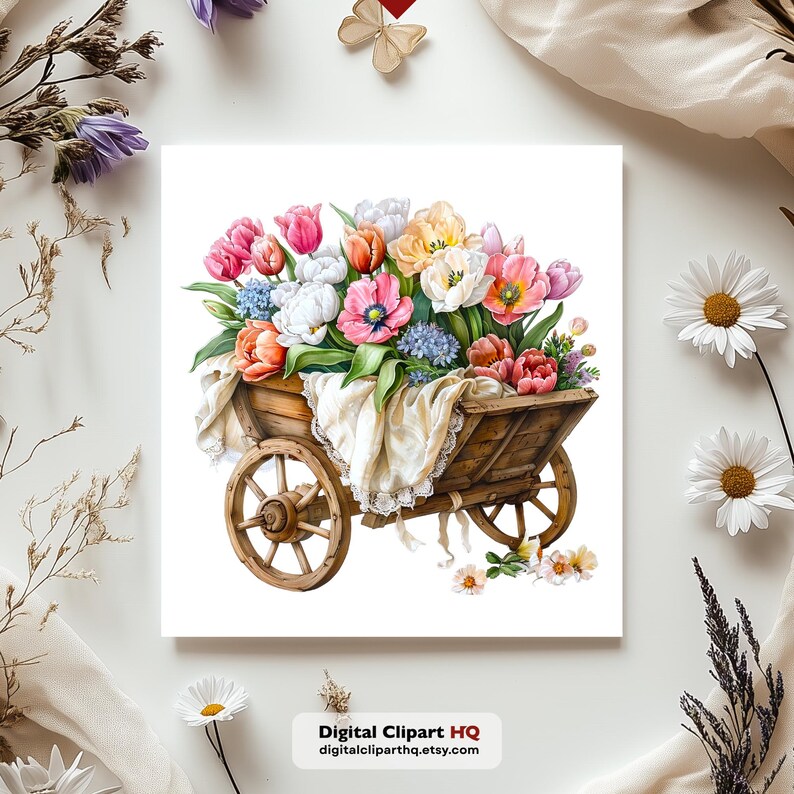 May include: Watercolor illustration of a wooden wheelbarrow overflowing with colorful tulips, peonies, and other flowers. A cream-colored cloth with lace trim drapes over the wheelbarrow. The image includes the text "Digital Clipart HQ digitalcliparthq.etsy.com".