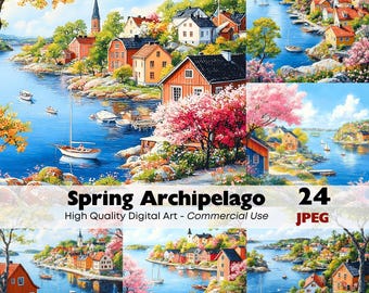 24 Nordic Archipelago Scenery Clipart Commercial Use Seaside Landscapes Graphics Digital Download Watercolor Paper Crafts Junk Journal