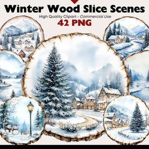 Op de afbeelding: Waterverfillustraties van winterse taferelen op houten schijven. De afbeeldingen tonen besneeuwde landschappen met huizen, bomen en rivieren. De tekst "Winter Wood Slice Scenes" en "42 PNG" zijn zichtbaar.