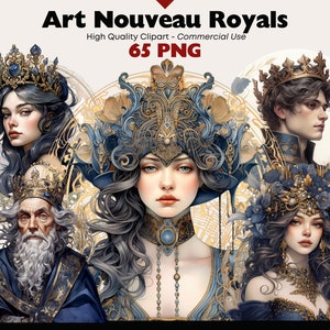 Blaues Jugendstil Clipart Bundle, Vintage Royals Aquarell Grafikset, viktorianische Prinzessin PNG, Königin Digitale Aufkleber, Regal Scrapbook