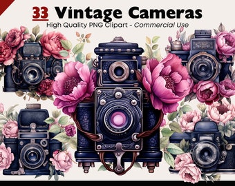 May include: A collection of 33 vintage cameras with floral accents. The cameras are black and silver with intricate details. The flowers are pink and white with green leaves.