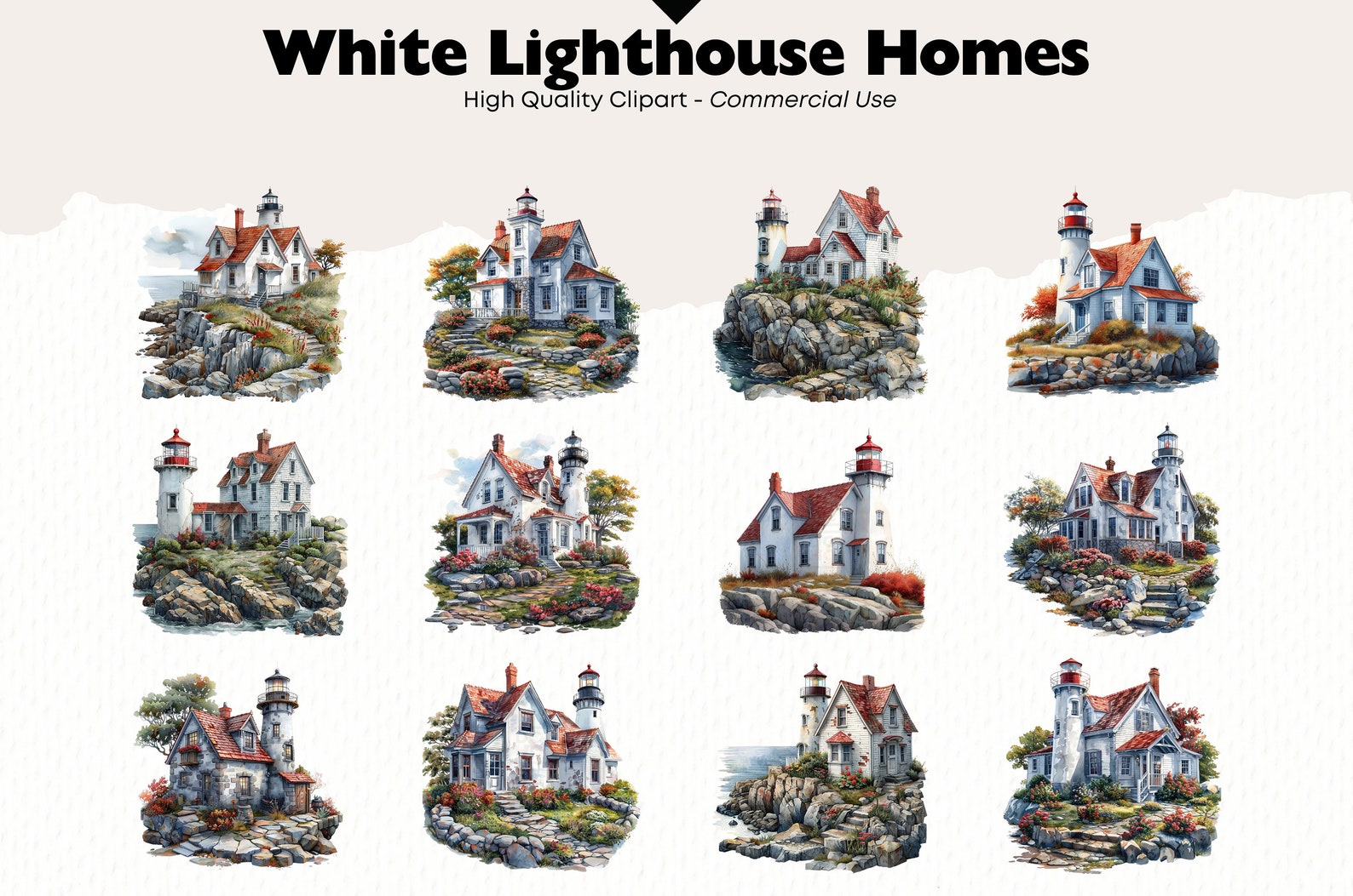 Fantasy Lighthouse Clipart Bundle, Rustic Lighthouse Home Watercolor ...