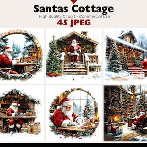 Könnte beinhalten: Aquarellillustrationen von Santa Claus in verschiedenen Szenen. Santa wird in seinem Cottage, an seinem Schreibtisch und draußen im Schnee gezeigt. Die Bilder haben ein festliches Weihnachtsthema mit Bäumen, Geschenken und gemütlichen Innenräumen. Der Text "Santas Cottage" steht oben.