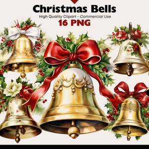 Christmas Bell Clipart, Bell And Holly Watercolor, Vintage Bell Graphics, Christmas Invitation Graphics Clip Art, Christmas Digital Stickers