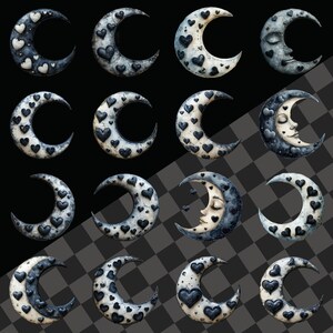 May include: A set of 24 black and white crescent moon illustrations with a sleeping face and hearts. The moons are decorated with black hearts on a white background or white hearts on a black background.