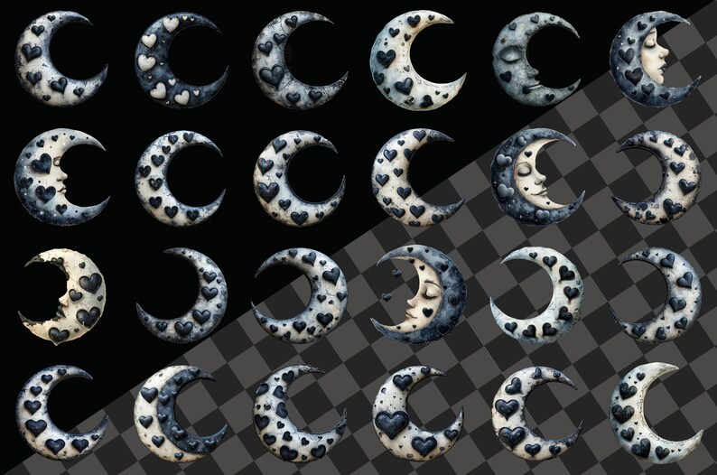 May include: A set of 24 black and white crescent moon illustrations with a sleeping face and hearts. The moons are decorated with black hearts on a white background or white hearts on a black background.