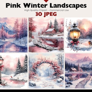 Pakiet zimowych widoków Clipart Śnieżne krajobrazy Grafiki Cyfrowe pobieranie JPEG Sztuka świąteczna Akwarela Różowy Boże Narodzenie Clipart Użytek komercyjny