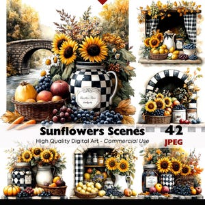 May include: A digital art composition featuring multiple scenes with sunflowers, fruit, and decorative jars. The scenes include baskets of grapes, apples, and pumpkins. The text "Sunflowers Scenes" and "42 JPEG" are visible.