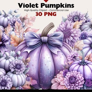 Fioletowe Dynie Clipart Bundle Jesienne Dekoracje Akwarela Pastelowe Dynie Grafika Png Cyfrowe Pobieranie Papierowe Rękodzieło Scrapbooking