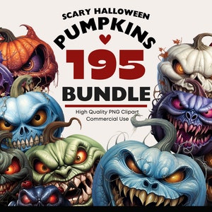 Puede incluir: Un paquete digital de clipart de 195 calabazas de Halloween espeluznantes. Las calabazas están ilustradas en una variedad de colores y estilos, con expresiones amenazantes y dientes afilados. El texto "Scary Halloween Pumpkins 195 Bundle" se muestra en rojo en la parte superior de la imagen.