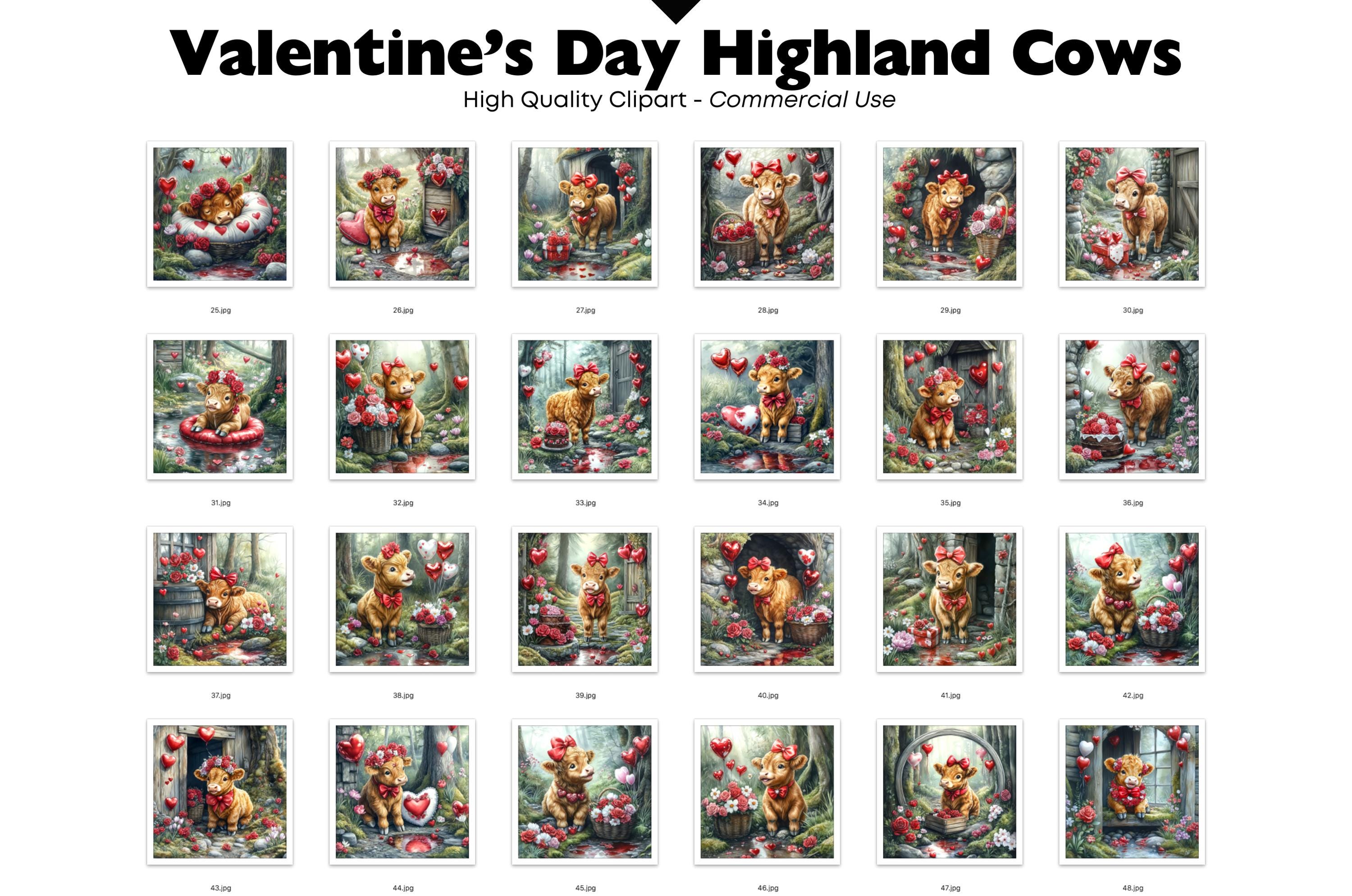 Valentine Highland Cow Clipart, Cute Valentine Farm Animals, Romantic ...